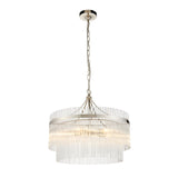Beaumont 5 Light Pendant in nickel with clear glass rod tiers on an adjustable chain, shown against a plain white background.