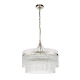 Beaumont 5 Light Pendant in nickel with tiered clear glass rods, chain suspension, on a plain white background.