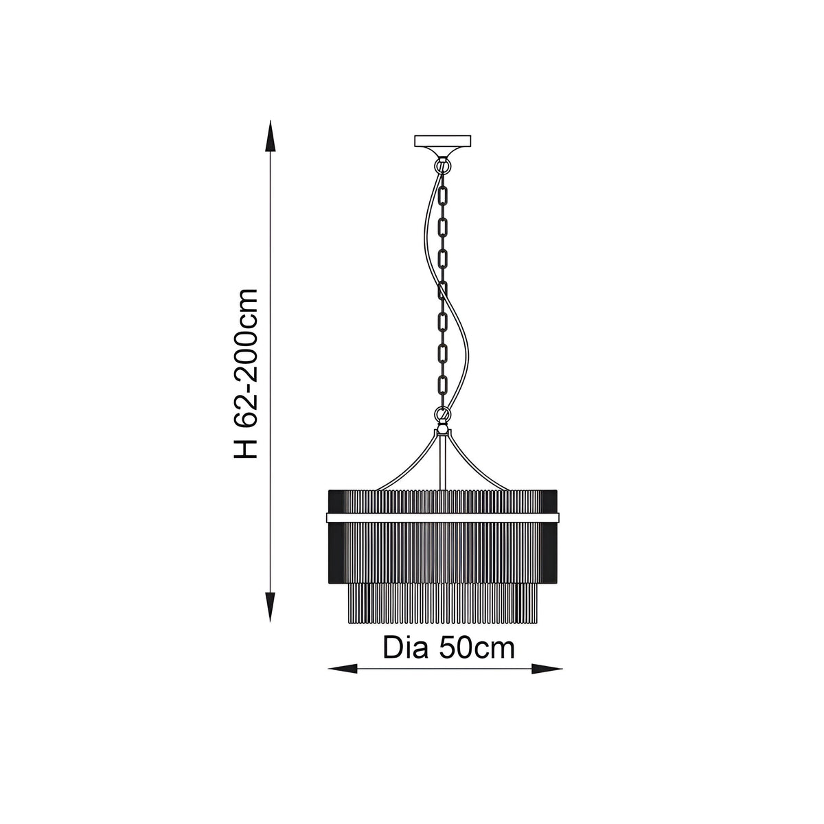 Technical line drawing of the Beaumont 5 Light Pendant in nickel, showing chain-hung fixture with glass rod drum shade, height 62-200cm, diameter 50cm.