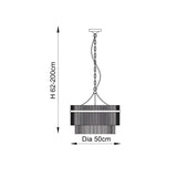 Technical line drawing of the Beaumont 5 Light Pendant in nickel, showing chain-hung fixture with glass rod drum shade, height 62-200cm, diameter 50cm.