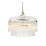 Beaumont 5-light pendant in nickel, a two-tier drum fixture with clear glass rods and adjustable chain, shown on a plain white background.