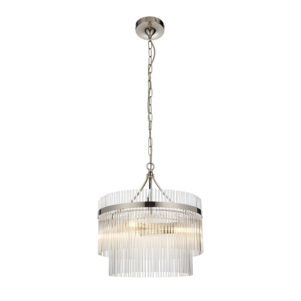 Beaumont 3 Light Pendant in nickel, a two-tier circular fixture with clear glass rods on a chain suspension, shown on a plain white background.