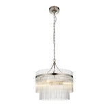 Beaumont 3 Light Pendant in nickel, a two-tier circular fixture with clear glass rods on a chain suspension, shown on a plain white background.