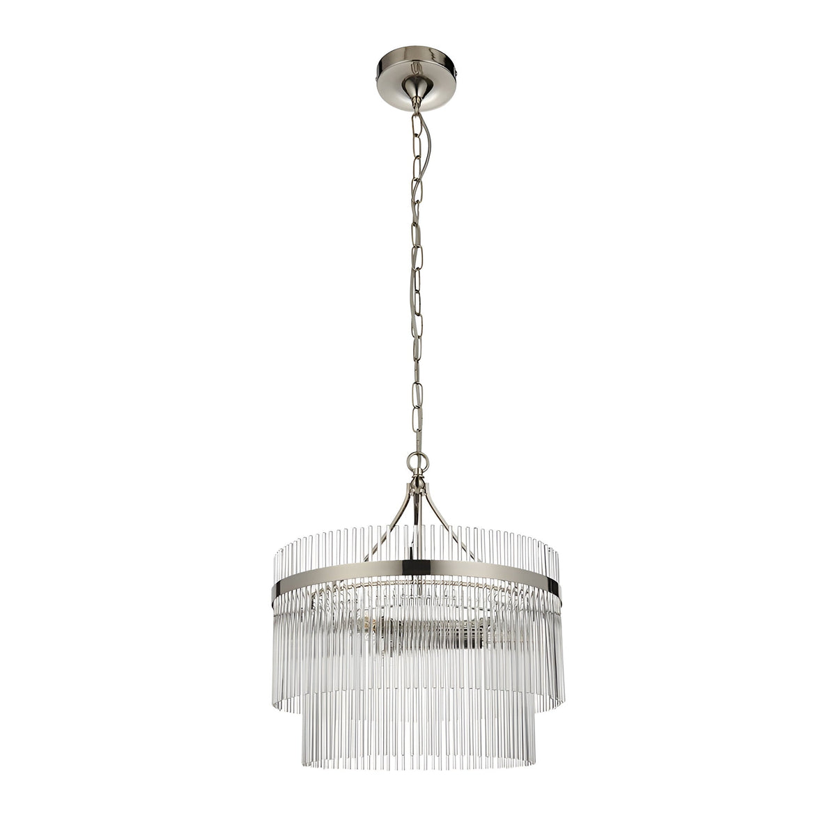 Beaumont 3 Light Pendant in nickel, two-tier drum design with clear glass rods, suspended from a chain, shown on a plain white background.