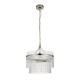 Beaumont 3 Light Pendant in nickel, two-tier drum design with clear glass rods, suspended from a chain, shown on a plain white background.