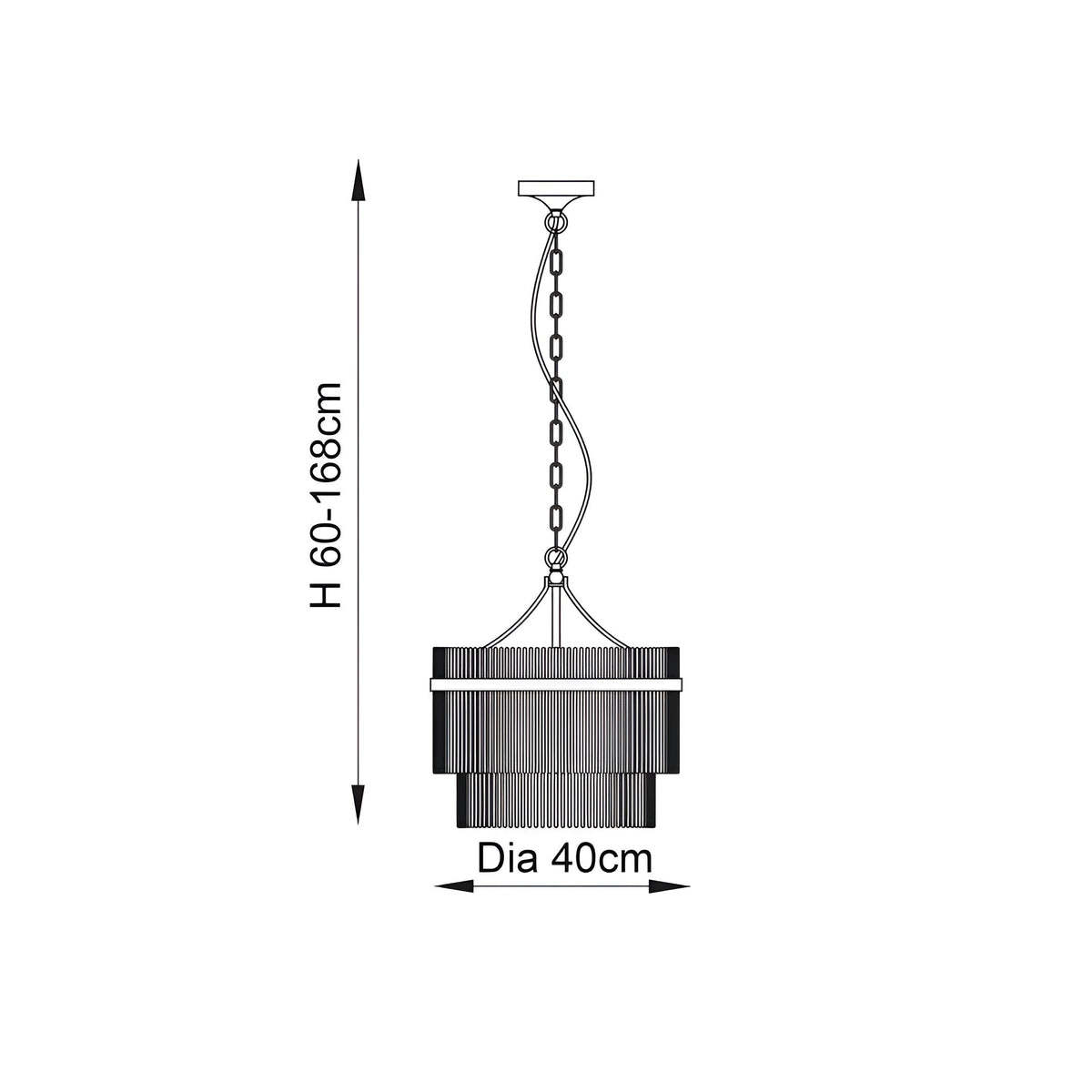 Technical line drawing of the Beaumont 3 Light Pendant in nickel with chain suspension, adjustable 60-168cm height, and tiered ribbed 40cm shade.