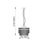 Technical line drawing of the Beaumont 3 Light Pendant in nickel with chain suspension, adjustable 60-168cm height, and tiered ribbed 40cm shade.