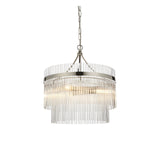 Beaumont 3 Light Pendant in nickel, tiered drum shape with clear glass rods diffusing light, hung from a chain, on a plain white background.