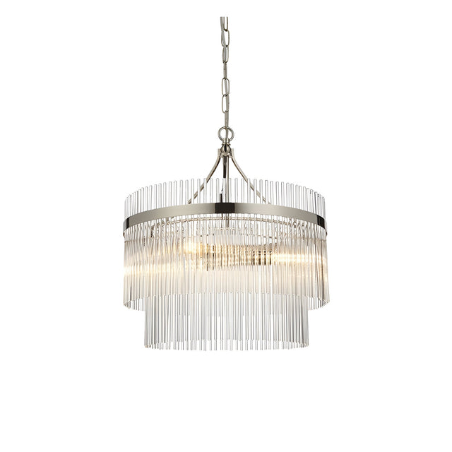 Beaumont 3 Light Pendant in nickel, tiered drum shape with clear glass rods diffusing light, hung from a chain, on a plain white background.