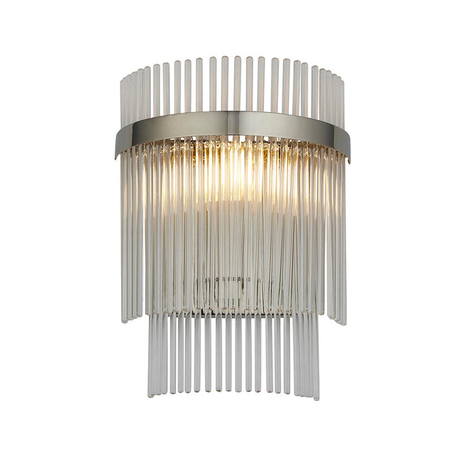 Endon Beaumont wall light in nickel with tiered clear glass rods around a lit E14 bulb on a curved plated backplate, shown on a white background.