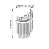 Endon Beaumont wall light technical drawing showing dimensions of H 27.6cm, W 19.5cm and D 10cm for the nickel curved glass rod fitting.
