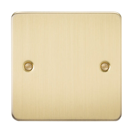 The 1 Gang Blanking Plate - Brushed Brass (Flat Plate) is a square metal plate in brass color with a brushed finish, featuring two visible screws on either side and rounded corners for a minimalist, low-profile design.