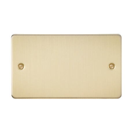 The 2 Gang Blanking Plate - Brushed Brass (Flat Plate) is a rectangular, brushed brass plate made from premium-grade steel with a sleek finish and comes with two screws, one on each side near the center.