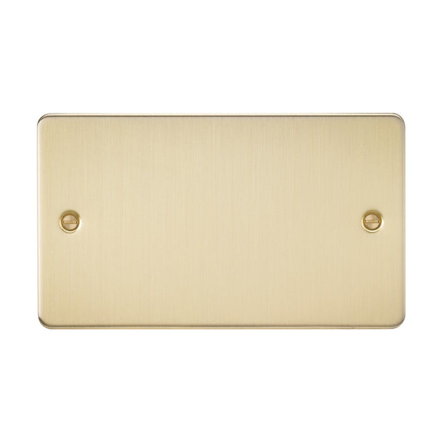 The 2 Gang Blanking Plate - Brushed Brass (Flat Plate) is a rectangular, brushed brass plate made from premium-grade steel with a sleek finish and comes with two screws, one on each side near the center.