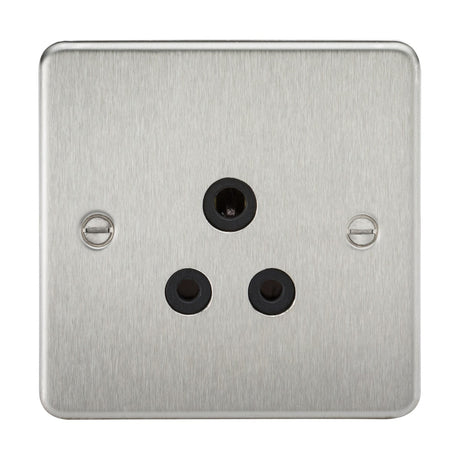 The 5A Unswitched Socket in a brushed chrome finish with a black insert features a flat plate design and showcases three circular holes arranged in a triangular pattern, secured by two visible screws on each side, suitable for 5A round pin plugs.