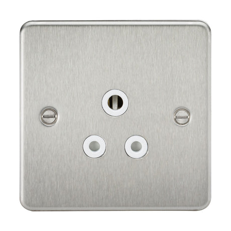 The 5A Unswitched Socket - Brushed Chrome (White Insert, Flat Plate) has a keyhole-shaped opening in the center with two smaller round openings below designed for a 5A round pin socket. It is securely held by screws on the left and right sides and features an ultra low profile with a smooth, matte finish.