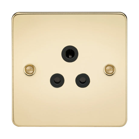 A 5A Unswitched Socket in a polished brass finish features a square, metallic gold plate with three black circular prong openings arranged in a triangular pattern for the 5A round pin, along with two visible screws on opposite sides.