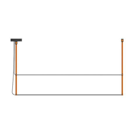 René Duo Horizontal LED Linear Pendant Light in orange, featuring two slim horizontal light bars between orange uprights with a black ceiling canopy, shown on a plain white background.