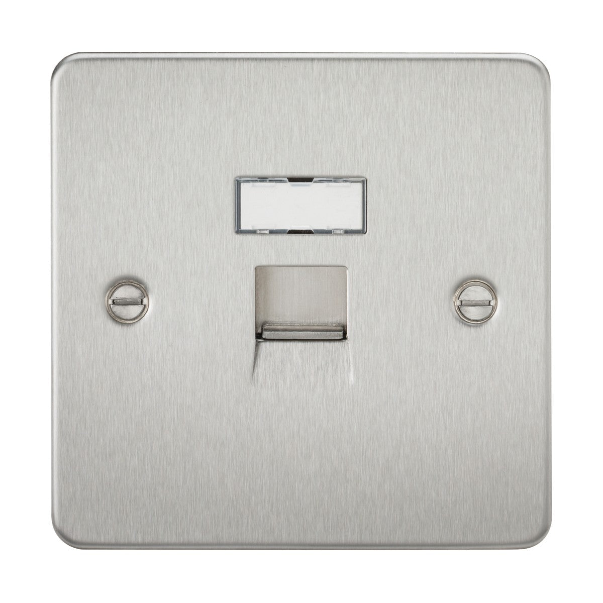 The RJ45 Network Outlet - Brushed Chrome (Flat Plate) showcases a sleek rectangular design, featuring a brushed metal single telephone socket with two visible screws on either side and a wired networking CAT5e RJ45 port. It includes a small white label slot above the connection point, maintaining its low-profile aesthetic.