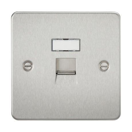 The RJ45 Network Outlet - Brushed Chrome (Flat Plate) showcases a sleek rectangular design, featuring a brushed metal single telephone socket with two visible screws on either side and a wired networking CAT5e RJ45 port. It includes a small white label slot above the connection point, maintaining its low-profile aesthetic.