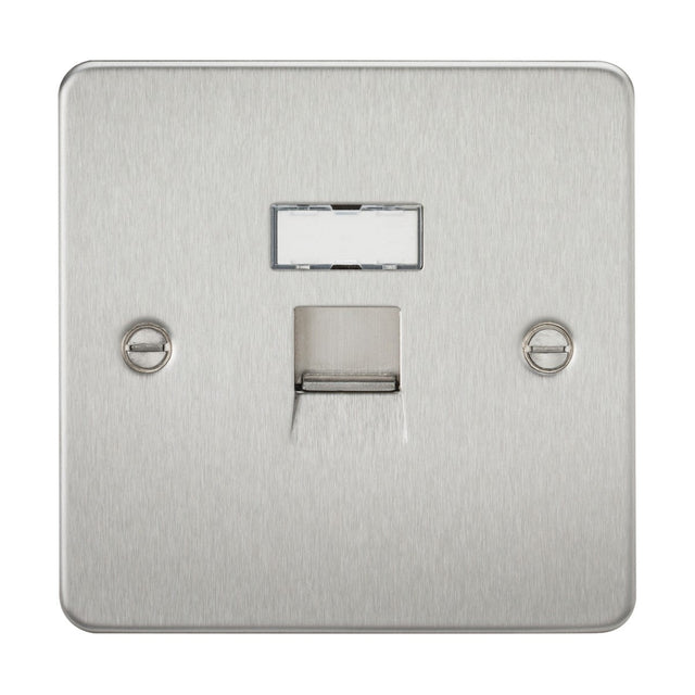 The RJ45 Network Outlet - Brushed Chrome (Flat Plate) showcases a sleek rectangular design, featuring a brushed metal single telephone socket with two visible screws on either side and a wired networking CAT5e RJ45 port. It includes a small white label slot above the connection point, maintaining its low-profile aesthetic.