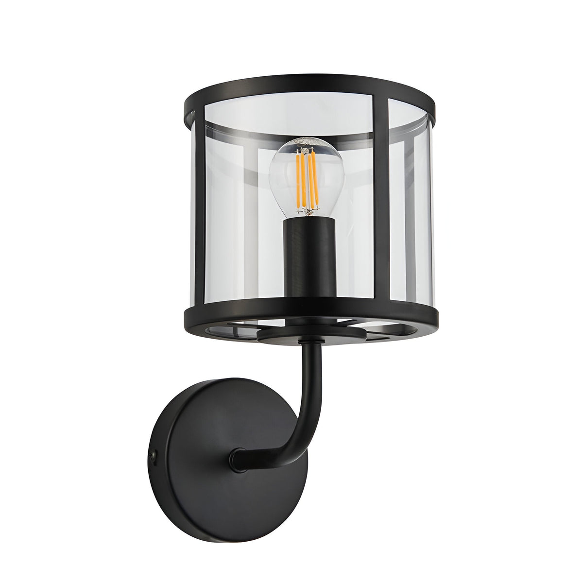 Endon Ellery wall light in matt black with a clear glass cylindrical shade and E14 filament bulb, mounted on a round backplate against a white background.