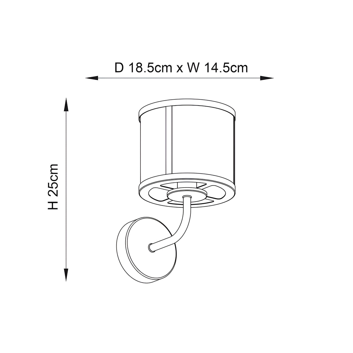 Dimensioned line drawing of the Endon Ellery wall light showing 25cm height, 14.5cm width and 18.5cm projection with cylindrical shade.