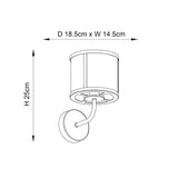 Dimensioned line drawing of the Endon Ellery wall light showing 25cm height, 14.5cm width and 18.5cm projection with cylindrical shade.