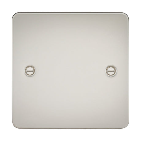 The 1 Gang Blanking Plate - Pearl (Flat Plate) is a square, ultra-low-profile switch with a smooth metallic finish, featuring two visible screws. Designed to IEC 60670-1 standards, it boasts a sleek and modern appearance.