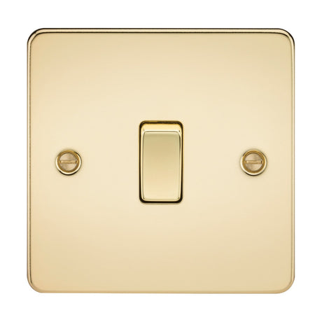 This is a polished brass light switch, square in shape, with a single toggle centered between two visible screws on either side. The stylish and modern design combines minimalism with a flat plate to achieve an elegant look. It is known as the 20A 1 Gang DP Switch - Polished Brass (Flat Plate).