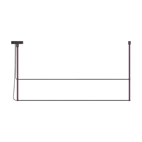 René Duo Horizontal LED Linear Pendant Light in burgundy, two long parallel bars suspended between slim uprights from a round black ceiling canopy, on a plain white background.