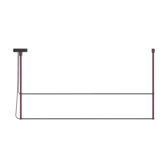René Duo Horizontal LED Linear Pendant Light in burgundy, two long parallel bars suspended between slim uprights from a round black ceiling canopy, on a plain white background.
