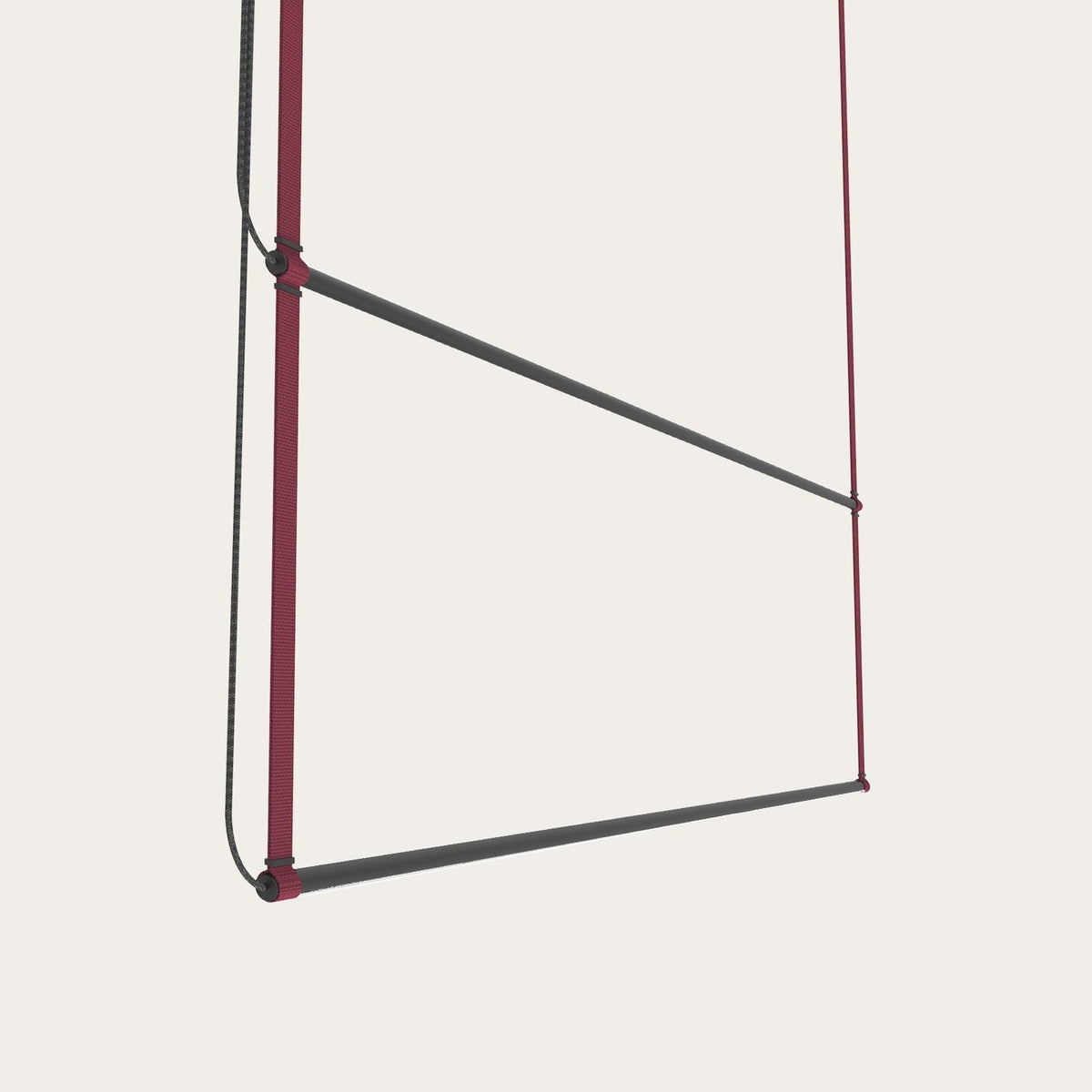 René Duo Horizontal LED Linear Pendant Light in burgundy, two angled matte black bars suspended between slim burgundy cords, shown against a plain light background.