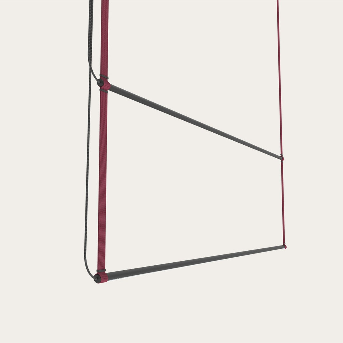 René Duo Horizontal LED Linear Pendant Light in Burgundy, two angled dark aluminium bars suspended between slim burgundy uprights, shown close-up on a plain light background.