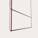 René Duo Horizontal LED Linear Pendant Light in Burgundy, two angled dark aluminium bars suspended between slim burgundy uprights, shown close-up on a plain light background.