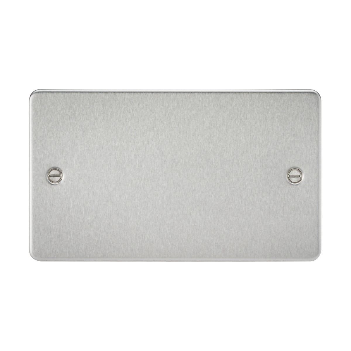 The 2 Gang Blanking Plate - Brushed Chrome (Flat Plate) is engineered from high-quality steel, showcasing a brushed chrome finish with two exposed screw holes, ideal for upgrading the appearance of any electrical outlet or switch set against a simple white backdrop.