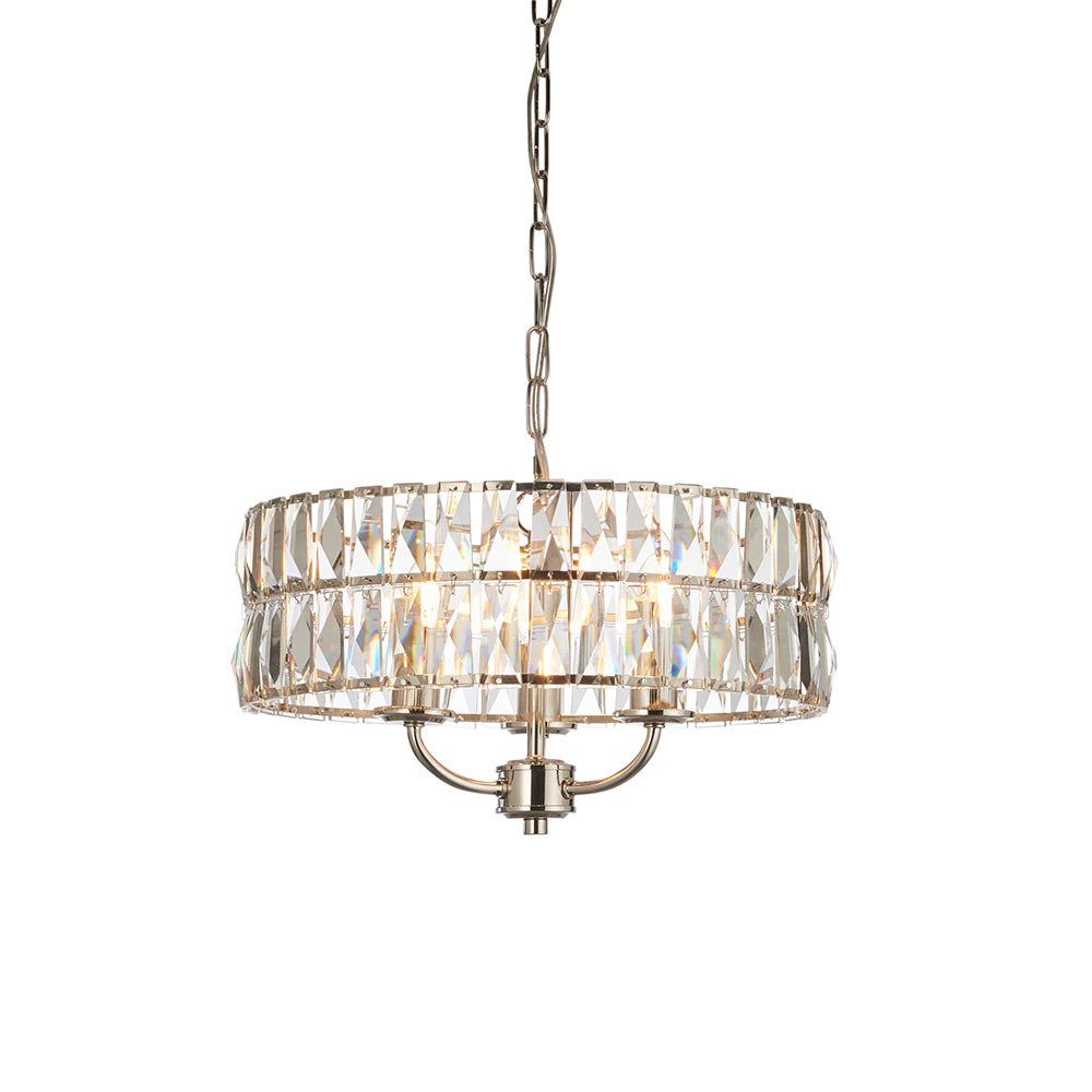 Bevmont 3 Light Pendant in nickel with a drum-shaped band of faceted glass crystals, metal chain suspension, and three E14 lamps, shown on a white background.