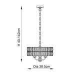 Technical line drawing of the Bevmont 3 Light Pendant in nickel with a faceted drum glass shade on an adjustable chain, showing height and 38.5cm diameter.