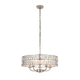 Endon Bevmont 5 light pendant in nickel with a drum shade of clear cut faceted glass panels and chain suspension, shown on a white background.