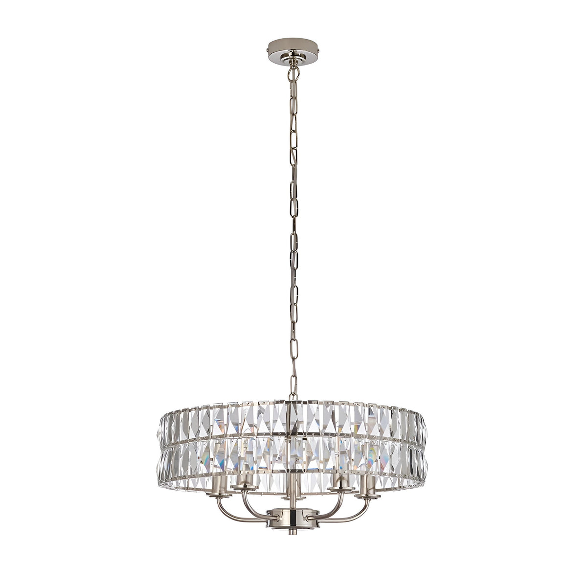 Endon Bevmont 5 light pendant in nickel with a drum-shaped tier of clear cut faceted glass on a chain suspension, shown on a white background.