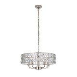 Endon Bevmont 5 light pendant in nickel with a drum-shaped tier of clear cut faceted glass on a chain suspension, shown on a white background.