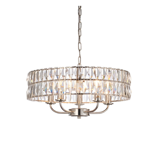 Endon Bevmont 5 light pendant in nickel with a drum shade of clear cut faceted glass and five curved arms, suspended from a chain on a white background.