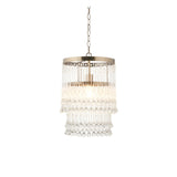 Bramgrove Pendant in antique brass with tiered clear glass droplets and E27 lamp holder, hung from a chain on a plain white background.