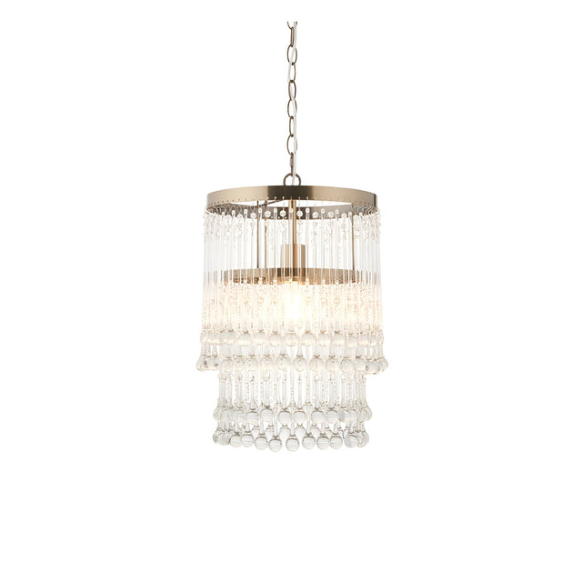 Bramgrove Pendant in antique brass with tiered clear glass droplets and E27 lamp holder, hung from a chain on a plain white background.