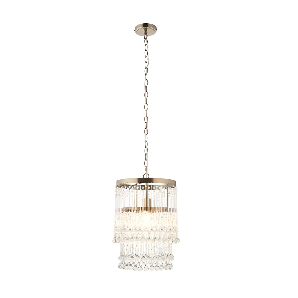 Bramgrove Pendant in antique brass, single-light fitting with tiered clear glass droplets, hung from a chain on a plain white background.