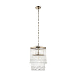 Bramgrove Pendant in antique brass, a single-light fixture with tiered clear glass droplets on a chain suspension, shown on a plain white background.