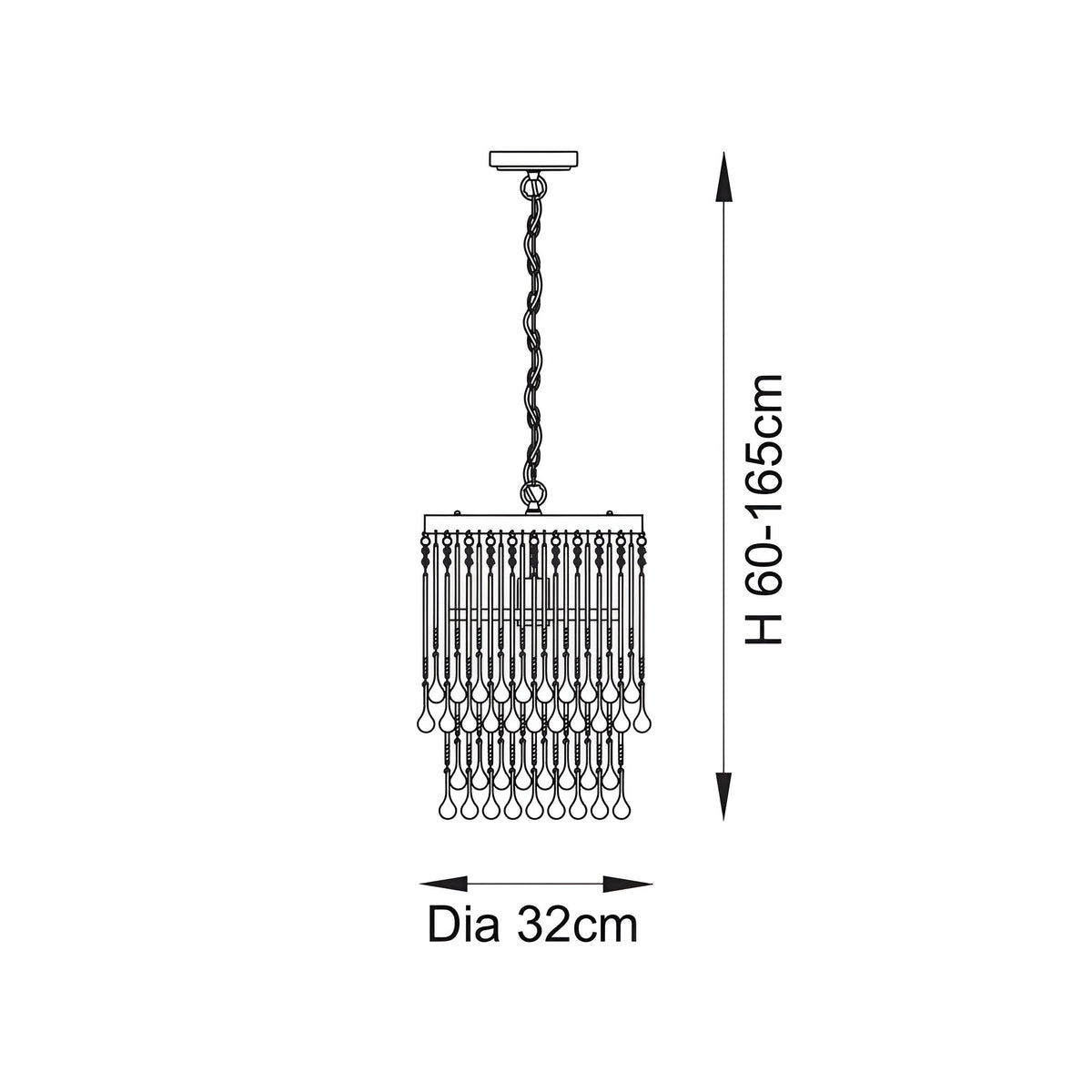 Technical line drawing of the Bramgrove Pendant in antique brass, showing tiered glass droplet shade, chain suspension, height 60-165cm and 32cm diameter.