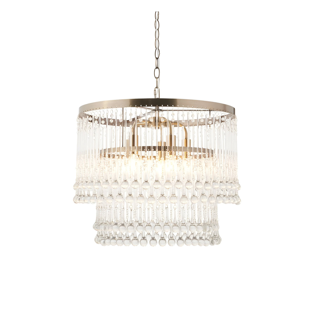 Endon Bramgrove 5 light tiered pendant with clear glass droplets on an antique brass frame, suspended from a chain on a white background.
