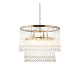 Endon Bramgrove 5 light tiered pendant with clear glass droplets on an antique brass frame, suspended from a chain on a white background.
