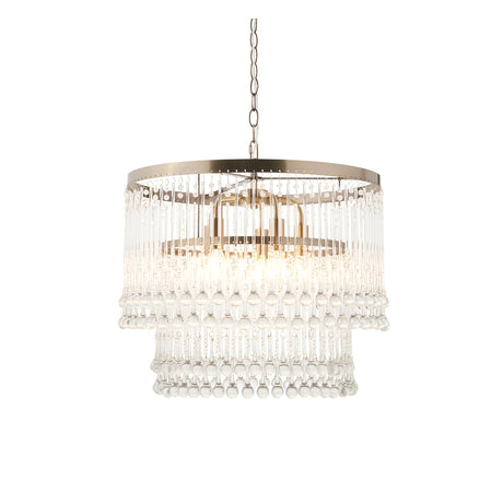 Endon Bramgrove 5 light tiered pendant with clear glass droplets on an antique brass frame, suspended from a chain on a white background.